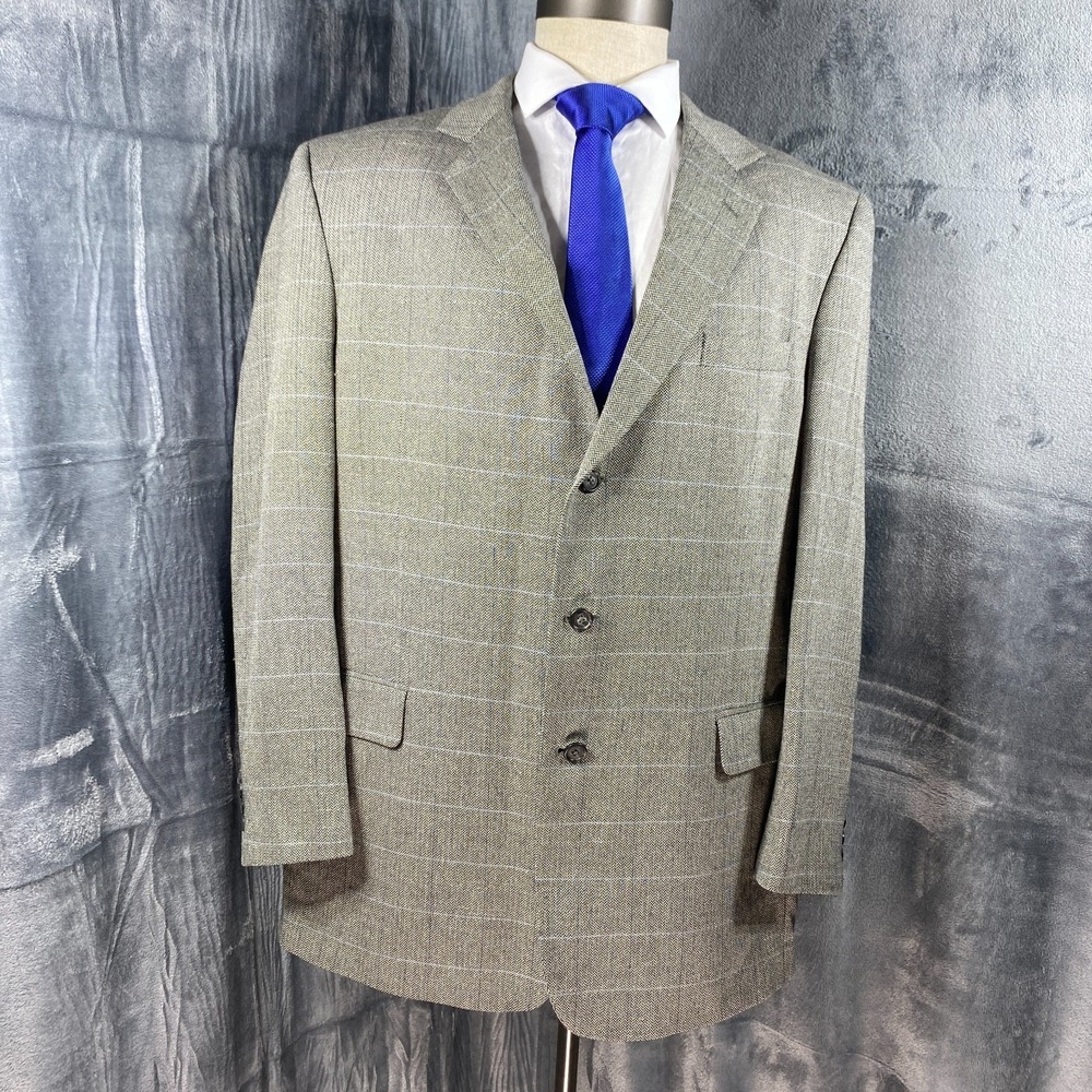 Jos A Bank Blazer Jacket Men 46L Gray Herringbone Silk Wool Cashmere Sport Coat